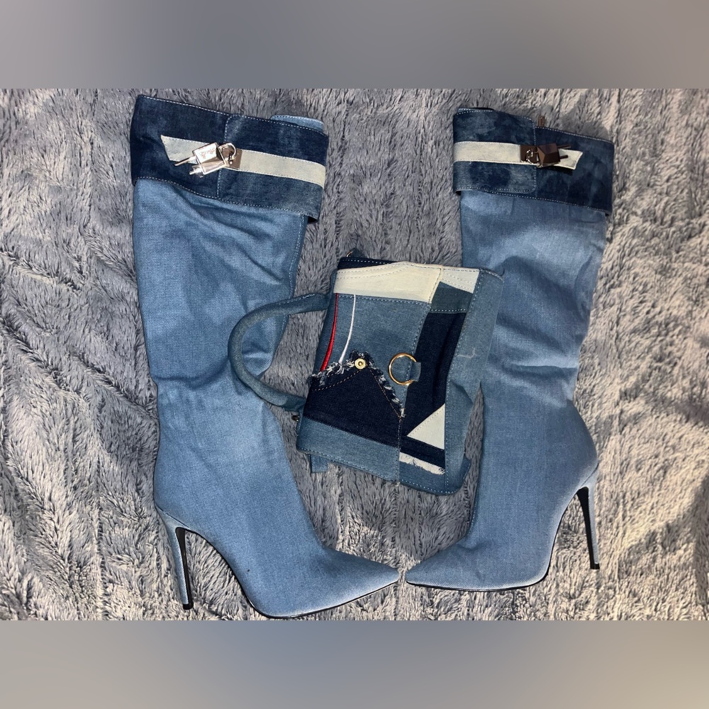 Denim High Heel Boots and Matching Bag